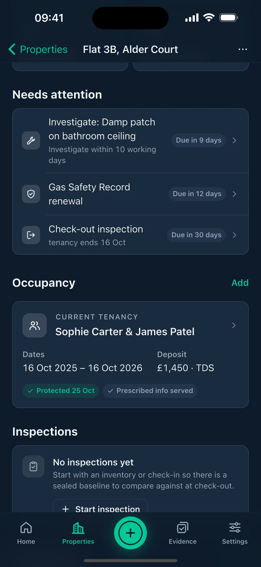 A property in Witnessed, Flat 3B, Alder Court: a damp repair, a Gas Safety renewal and a check-out that need attention, and the current tenancy with its deposit marked as protected and prescribed information served.