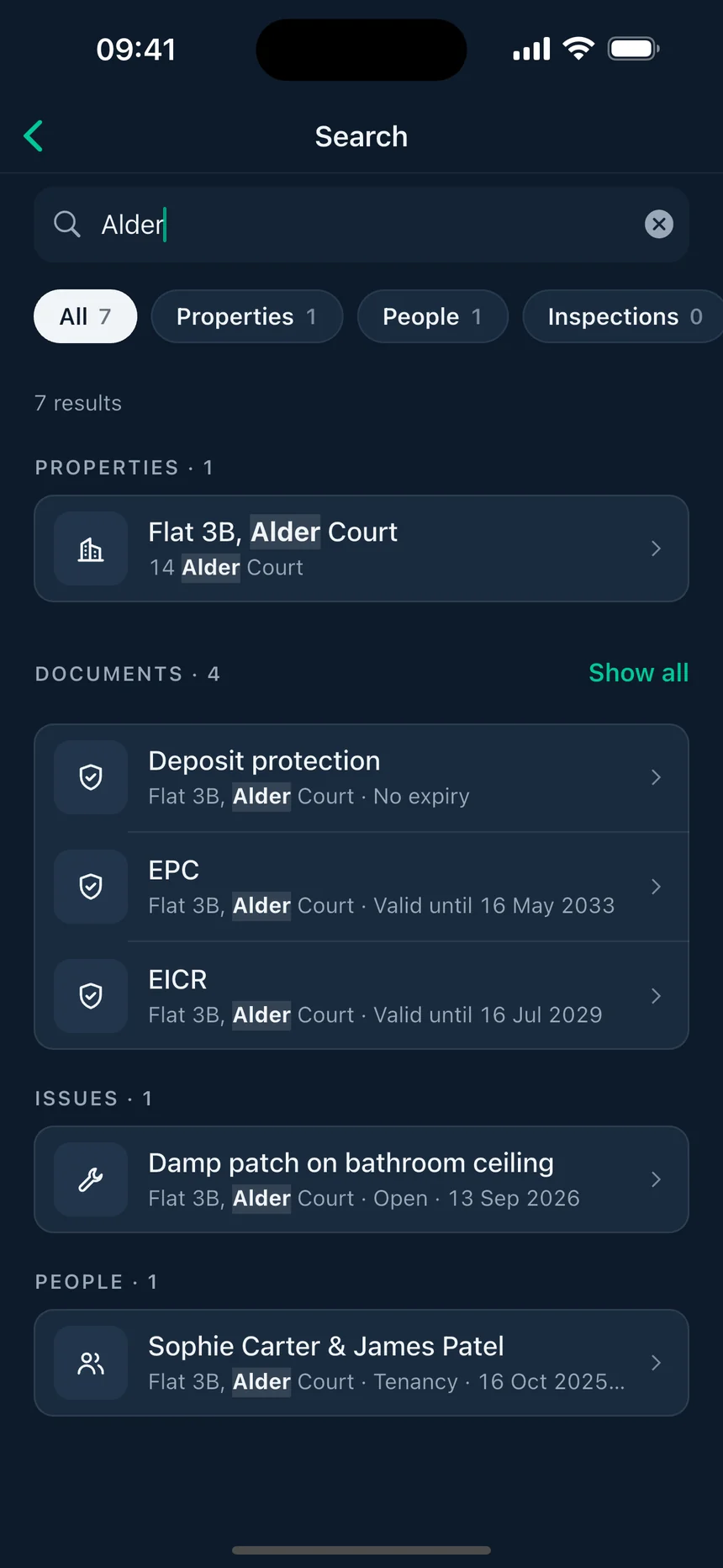 Search results for Alder: one property, four documents including deposit protection, EPC and EICR, one repair issue and one tenancy.